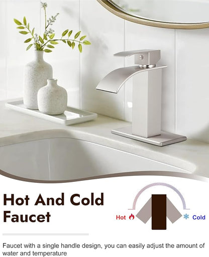Midanya Bathroom Faucet with Waterfall Spout, Single Hole or 3-Hole Deck Mount, 304 Stainless Steel Sink Faucet with Pop-Up Drain, RV Vanity Compatible,Brushed Nickel