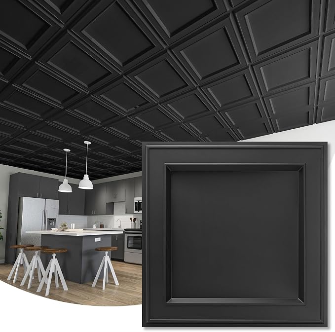 WOWSTAR 12-Pack 24"x24" Drop Ceiling Tiles, Waterproof Glue up Ceiling Panels, Modern Style 3D Wall Panels, Black | PVC ceiling panels, 24"x24", waterproof, glue-up install, basement kitchen bathroom, 12-pack, set D