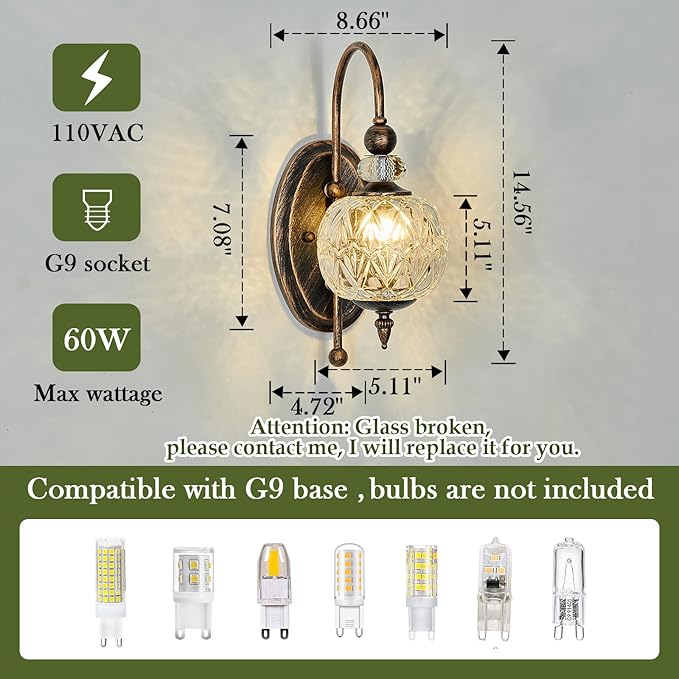 Vintage Bronze Wall Sconce with Glass Globe Shade Mid Century G9 Bulb Wall Light Indoor Wall Lamp for Bathroom Farmhouse Bedroom Living Room Hallway