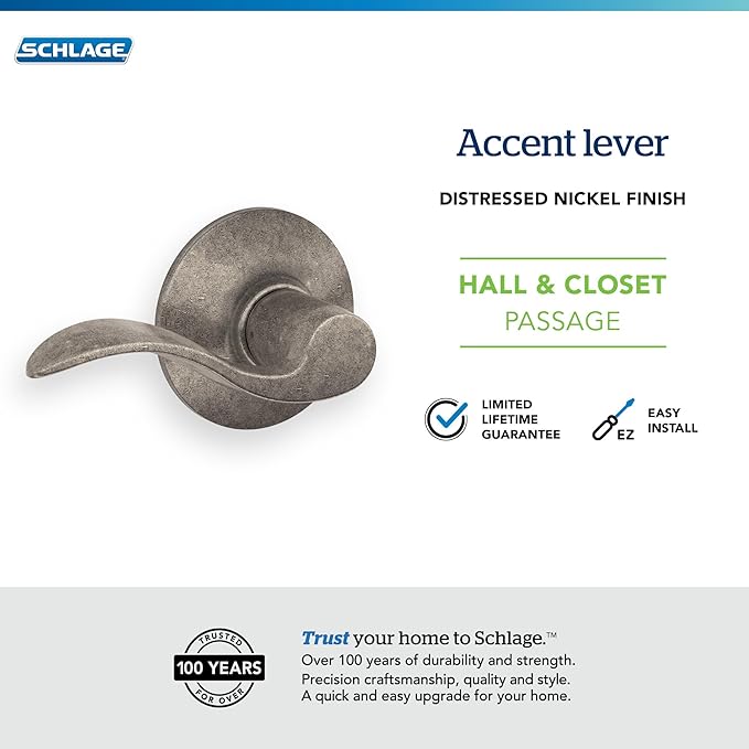 SCHLAGE Accent Lever Hall and Closet Lock in Distressed Nickel