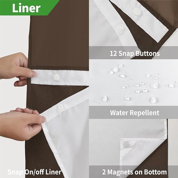 eachope No Hook Linen Texture Shower Curtain with Snap-in Liner,71x80 Brown | 230GSM Thick Fabric,Hotel Luxury Decor,Mesh Top Window,Magnetic Weighted Hem,Waterproof & Machine Washable,for Bathroom