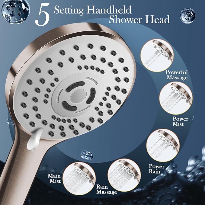 12'' Nickel Shower Head Combo with 16'' Flexible Height/Angle Extension Arm | High Pressure Rainfall Shower Head with 5 Setting Spray Hand held Shower Head, Stainless Steel and Anti-leak