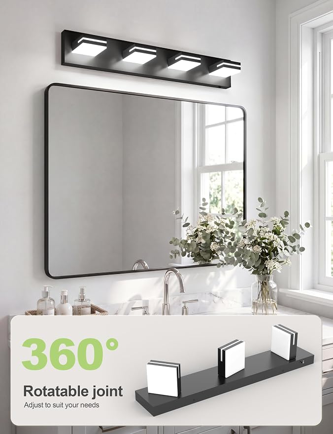 VOLISUN Modern 30-Inch Black Bathroom Vanity Light Fixtures, 4-Light, Cool White LED, Wall Mount, Touch Control