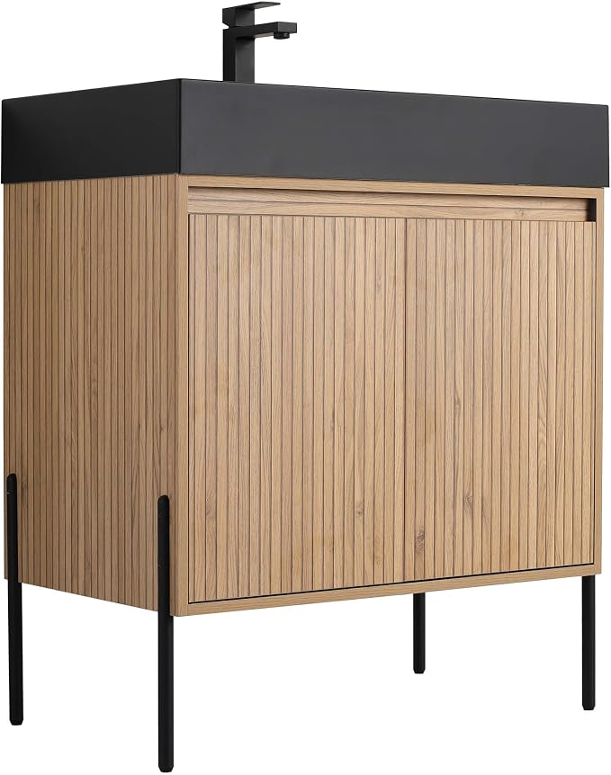 Crownpoint 30 Inch Bathroom Vanity with Sink, Black Sink, Bright Oak Finish, Full Assembly Required, Elegant Bathroom Vanities for Modern Homes