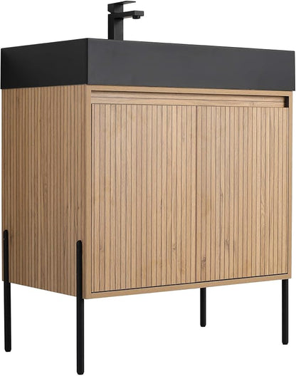 Crownpoint 30 Inch Bathroom Vanity with Sink, Black Sink, Bright Oak Finish, Full Assembly Required, Elegant Bathroom Vanities for Modern Homes