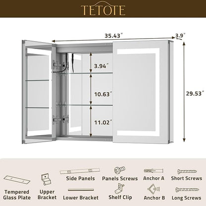 TETOTE LED Lighted Bathroom Medicine Cabinet Mirror with Lights 36 x 30 Recessed or Wall Mounted Cabinet with 2 Door, Tempered Glass, Outlets & USB, 3-Color Stepless Dimming, Defog, Adjustable Shelf