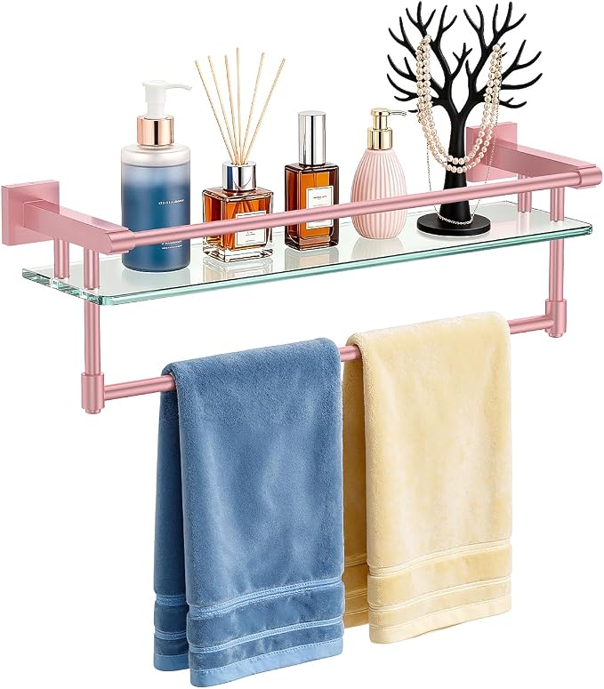 Bathroom Glass Shelf Towel Rack Shelf Glass Organizer Wall-Mounted Bathroom Storage SUS304 Stainless Steel Towel bar/Track Wall-Mounted Tempered Glass Stainless Steel Shelf (Pink, 20‘’ with Railing)