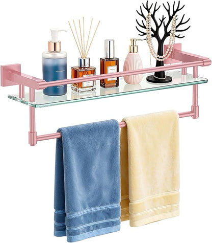 Bathroom Glass Shelf Towel Rack Shelf Glass Organizer Wall-Mounted Bathroom Storage SUS304 Stainless Steel Towel bar/Track Wall-Mounted Tempered Glass Stainless Steel Shelf (Pink, 20‘’ with Railing)