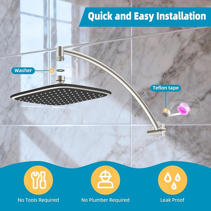 10" Rain Shower Head with 16" Metal Extension Arm, High-Pressure Showerhead | Brushed Nickel, Boosting Rainfall/Fixed Showerhead, Stainless Steel Shower Extender Adjustable Height/Angle, Easy to Install