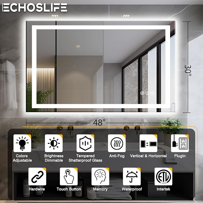EchosLife 48"x30" LED Bathroom Mirror | Backlit + Front Lit, Anti-Fog, Stepless Dimmable, 3 Colors, Memory, Tempered Glass, UL Listed, Horizontal/Vertical