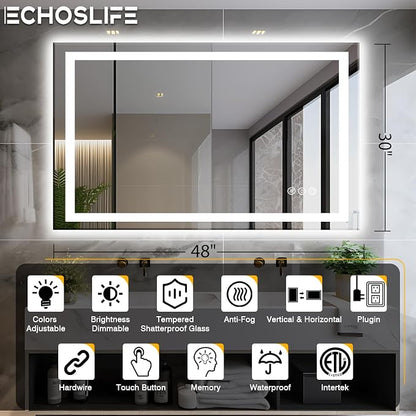 EchosLife 48"x30" LED Bathroom Mirror | Backlit + Front Lit, Anti-Fog, Stepless Dimmable, 3 Colors, Memory, Tempered Glass, UL Listed, Horizontal/Vertical