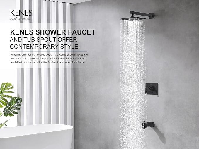 KENES Matte Black Shower Set with Tub Faucet, Square Tub Shower Trim Kit | Shower Faucet with 10-Inch Rain Shower Head, Square Shower System, Valve Included, Lead-Free cUPC & NSF Certified, Stainless