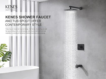 KENES Matte Black Shower Set with Tub Faucet, Square Tub Shower Trim Kit | Shower Faucet with 10-Inch Rain Shower Head, Square Shower System, Valve Included, Lead-Free cUPC & NSF Certified, Stainless