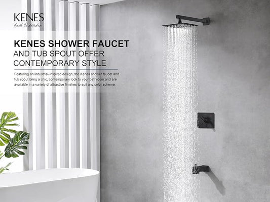 KENES Matte Black Shower Set with Tub Faucet, Square Tub Shower Trim Kit | Shower Faucet with 10-Inch Rain Shower Head, Square Shower System, Valve Included, Lead-Free cUPC & NSF Certified, Stainless