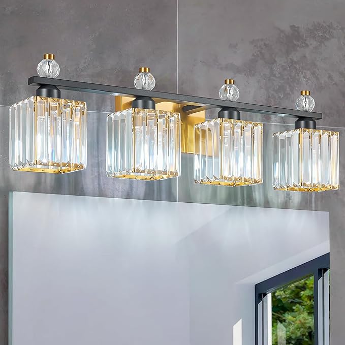 Vanity Lights 4-Light Modern Crystal Vanity Light Black Gold Bathroom Light Fixtures Over Mirror Crystal Bathroom Vanity Lighting Fixtures