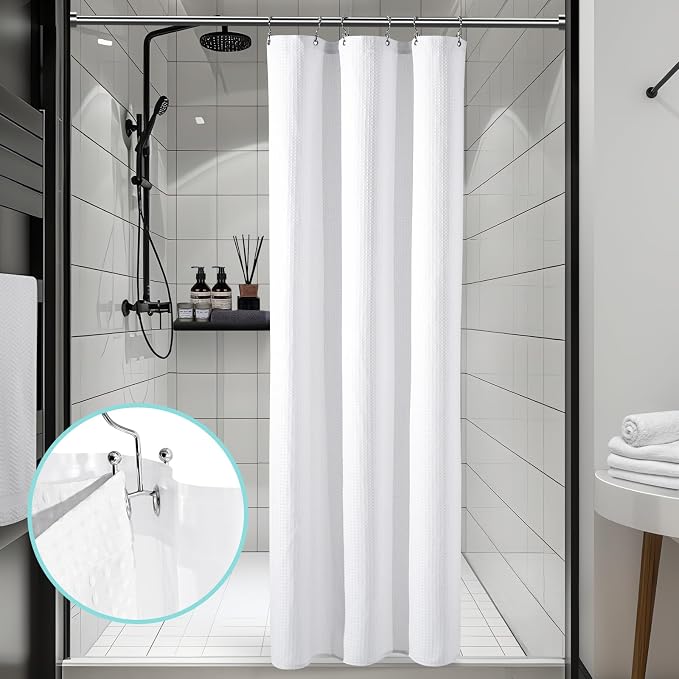 3 in 1 Shower Curtain Set, Waffle Shower Curtain and Liner Set with 6 Double Sided Shower Curtain Hooks, 258GSM Luxury Weighted Cloth Shower Curtain for Shower Stall, 36 W x 72 H, White