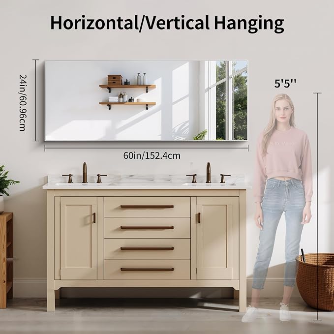 YIROMAN Bathroom Mirror 24"x60",Brushed Silver Bathroom Mirror for Over Sink with Aluminum Frame, Rectangular Vanity Mirror with Right Angle, Wall Mirror Hangs Horizontal or Vertical