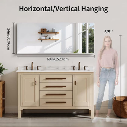 YIROMAN Bathroom Mirror 24"x60",Brushed Silver Bathroom Mirror for Over Sink with Aluminum Frame, Rectangular Vanity Mirror with Right Angle, Wall Mirror Hangs Horizontal or Vertical