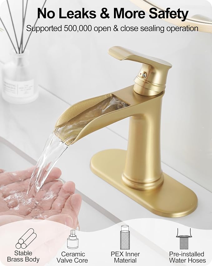 Waterfall Faucet, Brass Gold Bathroom Faucet 1 Hole, 1 Handle Bathroom Faucets for Sink 3 Hole (4 Inch) with Pop-up Drain, Hoses & Deck Plate