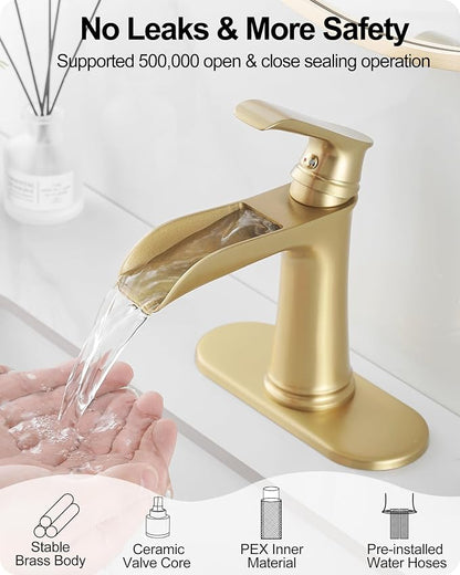 Waterfall Faucet, Brass Gold Bathroom Faucet 1 Hole, 1 Handle Bathroom Faucets for Sink 3 Hole (4 Inch) with Pop-up Drain, Hoses & Deck Plate