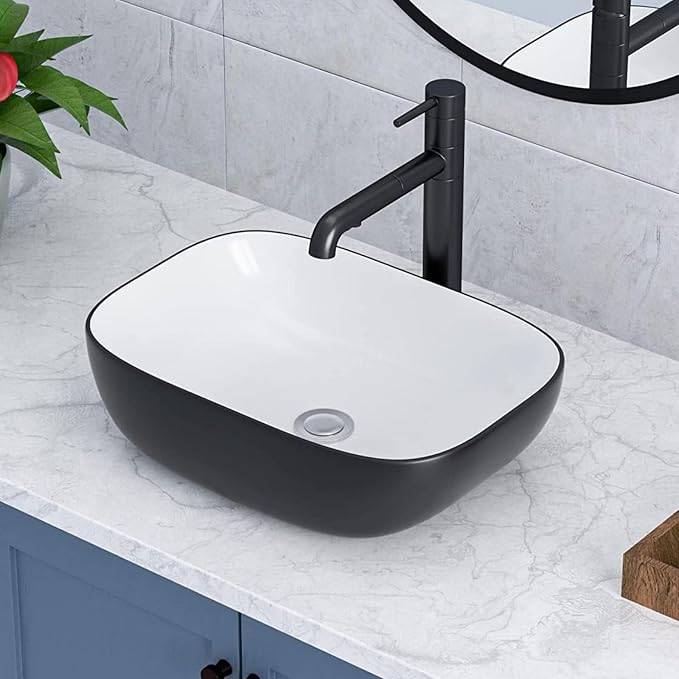 Rectangle Bathroom Vessel Sink 17"x13" Above Counter Vessel Sink | Rectangular Bathroom Above Counter Vessel Sink Black and White Ceramic Porcelain Vanity Sink Art Basin