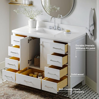 ARIEL Cambridge 48-inch Bathroom Vanity Base Cabinet,Solid Wood, 2 Soft Closing Doors, 9 Dovetail Drawers, White