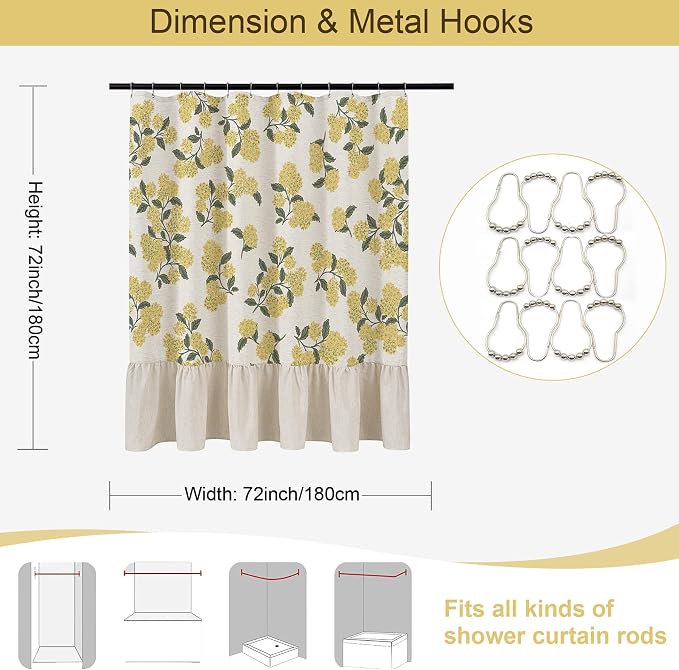 ORTIGIA Linen Textured Ruffle Shower Curtain with Metal Hooks, Vintage Yellow Hydrangea Floral Boho Waterproof Bath Curtain for Rustic Farmhouse Bathroom Decor 72x72 Inch