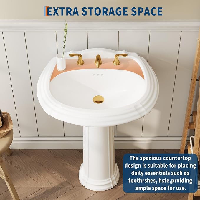 20" x 26" Vintage White Ceramic Pedestal Sink – Classic Freestanding Bathroom Sink with Overflow, 3 Pre-Drilled Holes for 8" Widespread Faucet