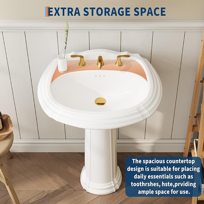 26" x 20" Pedestal Sink - White Ceramic Freestanding Vanity with Overflow Hole,Vintage White Bathroom Sink with 3 Pre-Drilled Holes for 8 Inch Faucets