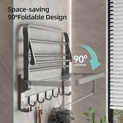 Bathroom Towel Rack with Towel Bar and Hooks 23.6 in Foldable Towel Shelf Wall Mounted Lavatory Towel Organizer Modern Gray Finish