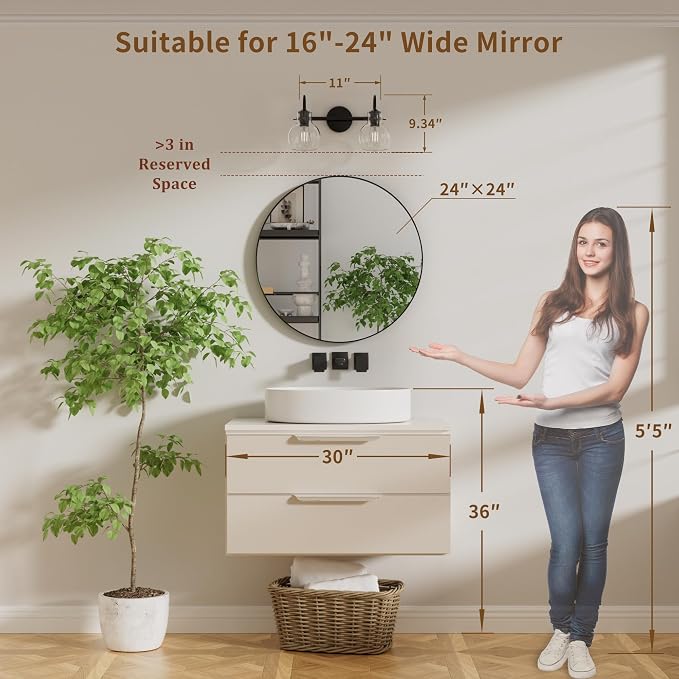 2 Lights Bathroom Vanity Light Fixtures Over Mirror, Matte Black Modern Wall Sconce with Clear Globe Glass Shades, E26 Base, Damp Rated for Bathroom Bedroom Living Room Hallway
