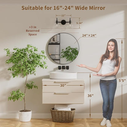 2 Lights Bathroom Vanity Light Fixtures Over Mirror, Matte Black Modern Wall Sconce with Clear Globe Glass Shades, E26 Base, Damp Rated for Bathroom Bedroom Living Room Hallway
