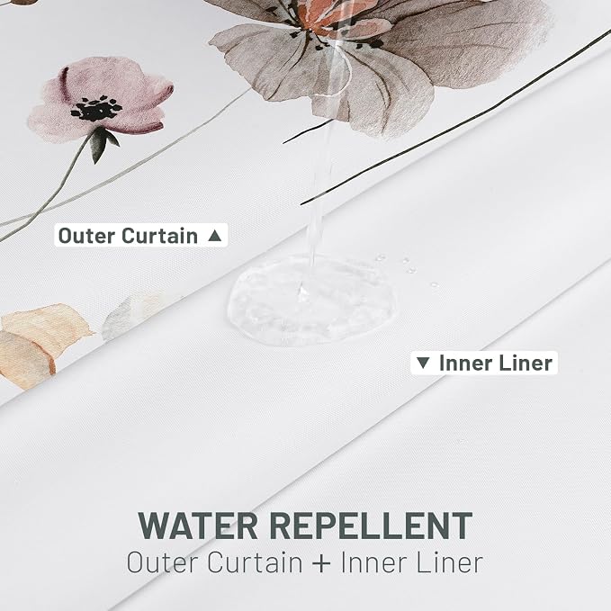 No Hook Floral Shower Curtain with Liner, Brown, 71x74 | Snap in Liner, 3 in 1, Water Repellent, Easy Install, Machine Washable, Hotel Style for Bathroom, Watercolor Pattern