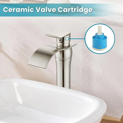 gotonovo Waterfall Vessel Sink Faucet for Sink 1 Hole,Single Handle Tall Bathroom Sink Faucet,Brass Waterfall Bathroom Faucet Arc Body Mixer Tap with Pop Up Drain and Supply Line,Brushed Nickel