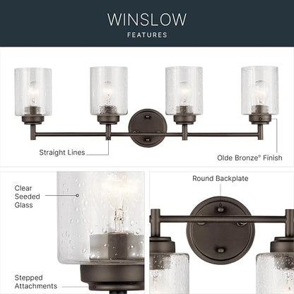 Kichler Winslow 4-Light Farmhouse Vanity Light, Olde Bronze | Clear seeded glass vanity light for bathroom mirrors (30" x 9.25" x 12"), 45887OZ