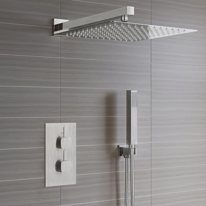 Voolan All Metal Shower Head with Extension Arm, Stainless Steel Waterfall Rainfall Showerheads, High Flow Bathroom Square Rain Shower Head (10’’ Shower Head with 16’’ Shower Arm, Brushed Nickel)