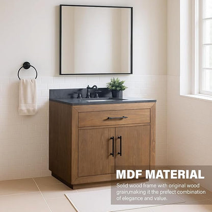 HOMEBEYOND 36" Bathroom Vanity with Single Sink & Ceramic Top, MDF Material Vanity Cabinet with Basin Combo, Soft-Closing Doors, Removable Shelf, Backsplash, Tan