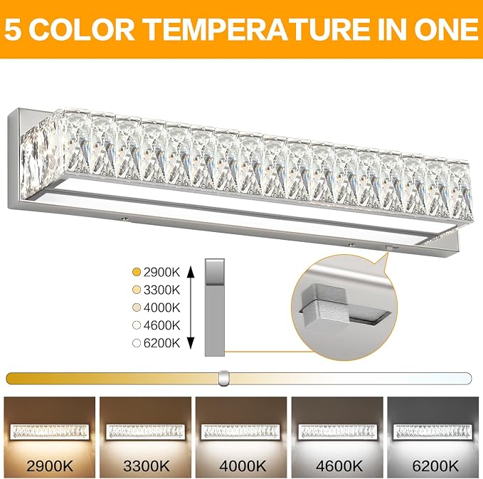 Crystal Vanity Lights for Bathroom 18W LED Bathroom Light Bar Modern Chrome Lighting Fixtures Over Mirror for Bath 22.8 inch