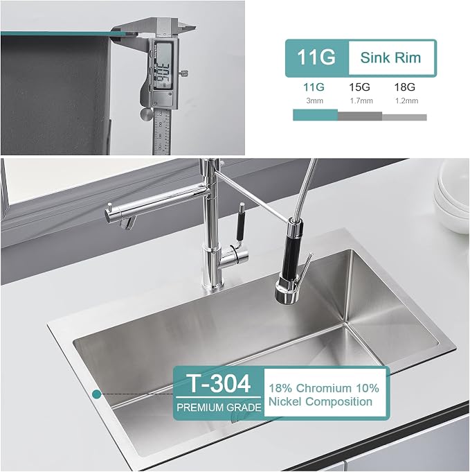 Brushed Topmount Kitchen Sink - 28”×18” Single Bowl Sink | 9 Inch Deep Handmade Bar Sink with Strainer, Stainless Steel 304, Center Drain, X-Groove Drainage, Sound-Dampening Pad