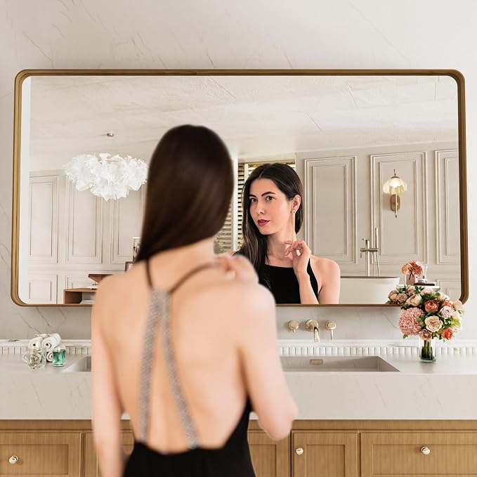 LOAAO 84X32 Inch Bathroom Mirror with Wood Grain Colored Metal Frame | Rounded Rectangle Metal Framed, Anti-Rust, Hangs Horizontally or Vertically, Tempered Glass
