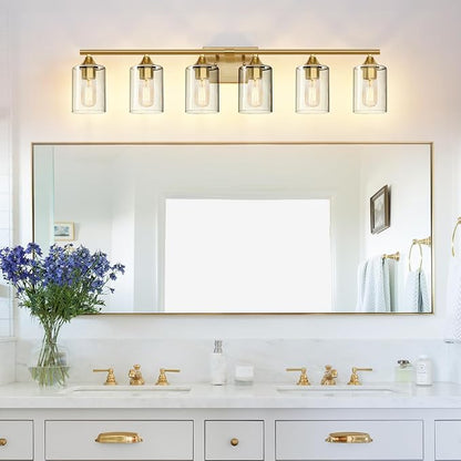 6-Light Gold Vanity Light,Bathroom Light Fixtures,Modern Brushed Brass Gold Wall Sconce Lighting,Bathroom Wall Lamp for Mirror Bedroom Living Room Vanity Table Hallway