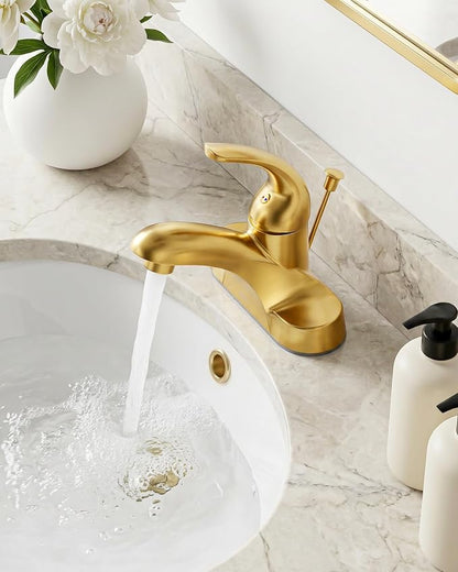 WOWOW 4 Inch Bathroom Faucet Single Handle Faucet for Bathroom Sink Brushed Gold Vanity Tap with Lift Rod Drain Assembly, Rv Lavatory Taps 3 Hole