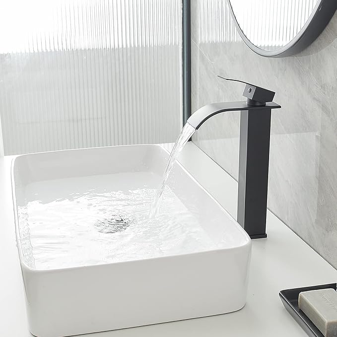 Vessel Sink Faucet Black Waterfall Bathroom Faucet with Drain Assembly | Stainless Steel,Single Handle One Hole,Deck Mount,Modern Bowl Sink Faucet,with 3/8" Supply Hose,Lead-Free by Bathfinesse
