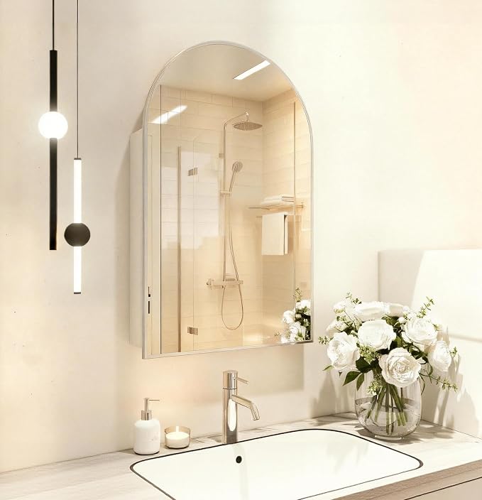 FKWin Medicine Cabinet Mirror, Surface Mount for Small Bathroom, 20x32 Inch | Mirror Medicine Cabinet, Large Storage, Adjustable Shelves, Reversible Door, Space-Saving Design for Small Bathroom, Silver