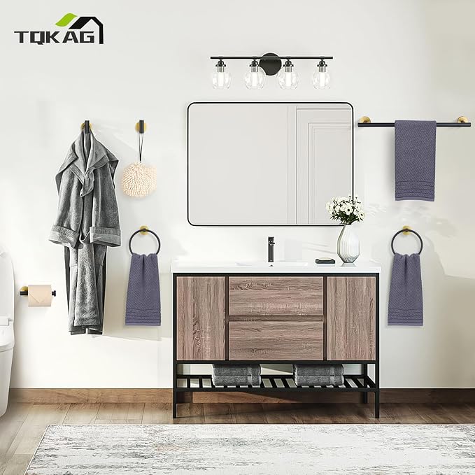 TQKAG Black and Gold Bathroom Hardware Set, 6-Piece Towel Bar Set 23.6 Inch | Towel Bar Set, Wall Mounted, Bathroom Accessories Set Include Paper Holders, Towel Rings, Towel Hooks, SUS304 Stainless Steel
