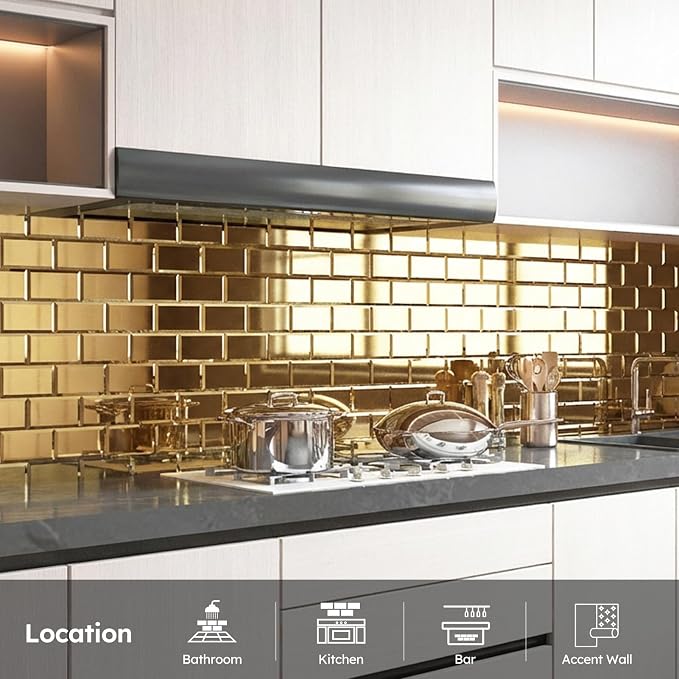 Peel and Stick Mirror Backsplash, Gold, 3x6 Inch, Beveled Mirror Subway Kitchen Bar Wall Tile (5 Sq.ft, 40 Pcs)