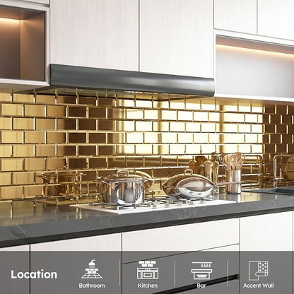 Peel and Stick Mirror Backsplash, Gold, 3x6 Inch, Beveled Mirror Subway Kitchen Bar Wall Tile (5 Sq.ft, 40 Pcs)
