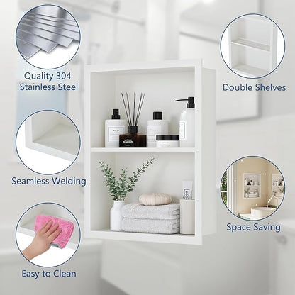 Medicine Cabinet Recessed, Medicine Cabinet Without Mirror, 304 Stainless Steel Medicine Wall Niche with Double Shelves, Matte White