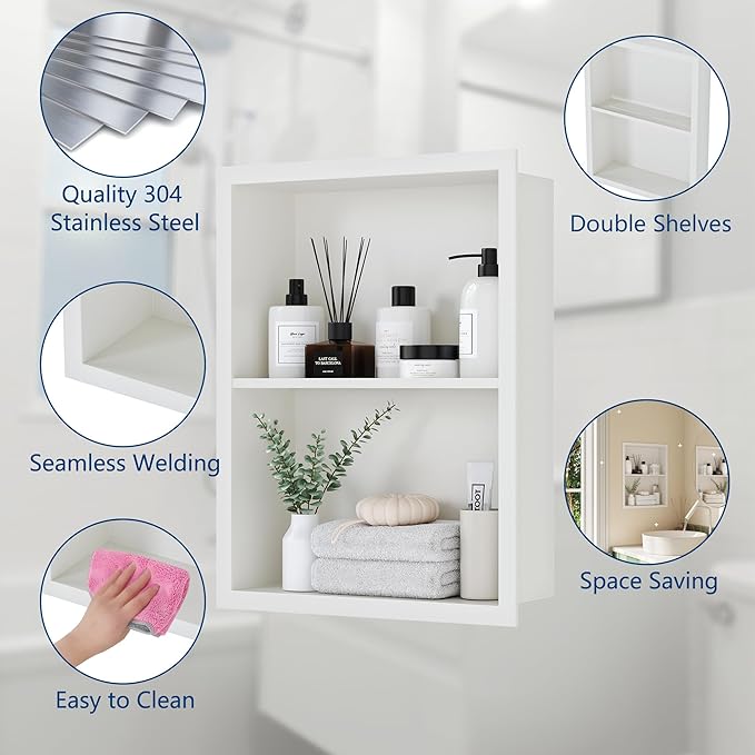 14x18 Medicine Cabinet Recessed, Medicine Cabinet Without Mirror, 304 Stainless Steel Medicine Wall Niche with Double Shelves, Matte White