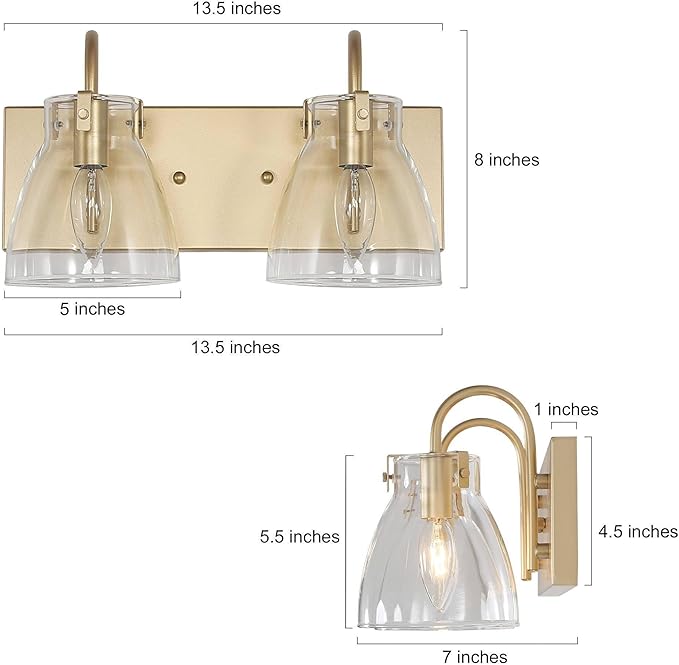KSANA Gold Bathroom Light Fixtures, 2-Light Modern Vanity Lights for Bathroom, 13.5-inch Bathroom Lighting Lights Over Mirror